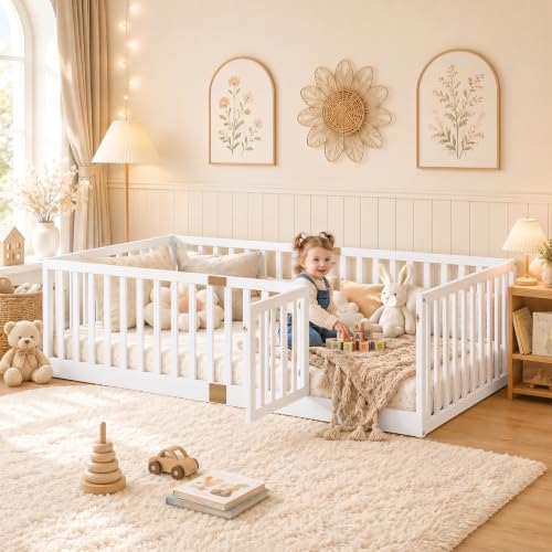 Twin Montessori Floor Bed Frame with High Guardrails and Door