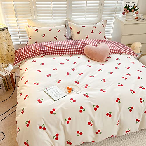 Cherry Print 100% Cotton Twin Duvet Cover Set - 3-Piece Bedding