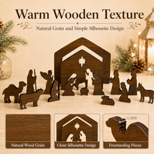 Hawkrown 16-Piece Wooden Nativity Set with Brown Finish for Indoor Christmas Decor