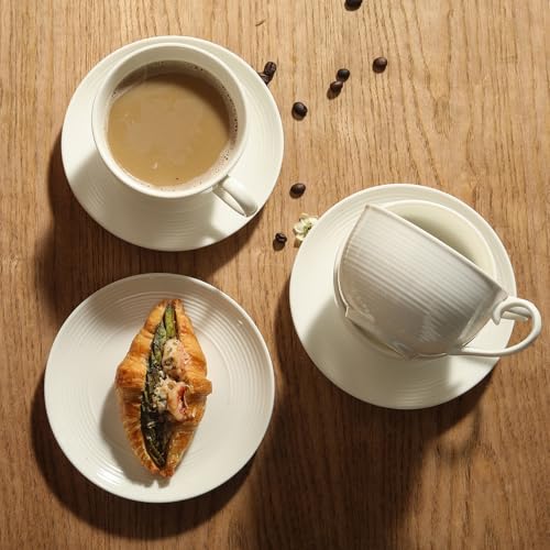 Feenmai 12oz Ceramic Cappuccino Cups & Saucers Set of 4 - White Latte Mug for Coffee & Tea, Microwave & Dishwasher Safe