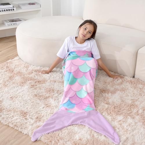 Kids Mermaid Tail Blanket - Soft Plush Flannel Wearable Blanket for Girls
