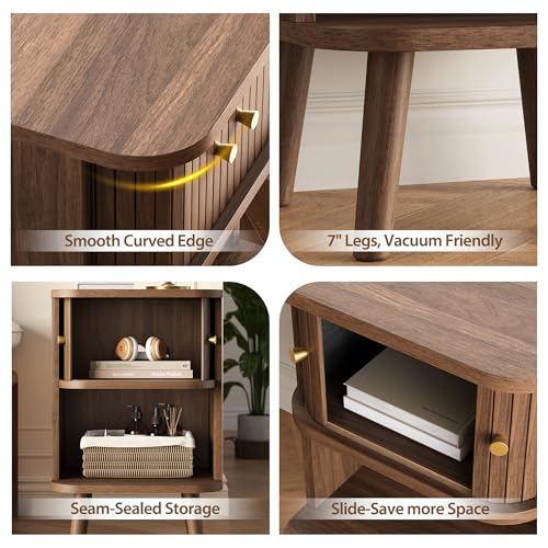 Fluted Nightstand Set of 2 with Charging Station, Walnut Bedside Tables