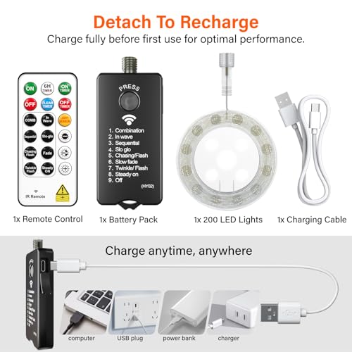 Rechargeable Fairy Lights 66ft Warm White 200 LEDs with Remote & DIY Timer