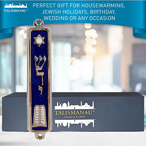 3.5 Inch Ten Commandments Mezuzah Case with Scroll - Blue Enamel Silver