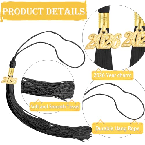 10-Pack Black Graduation Tassels with 2026 Gold Year Charms for Caps