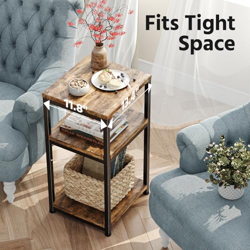 3-Tier Side Table with Storage Shelf, Rustic Brown Nightstand for Living Room