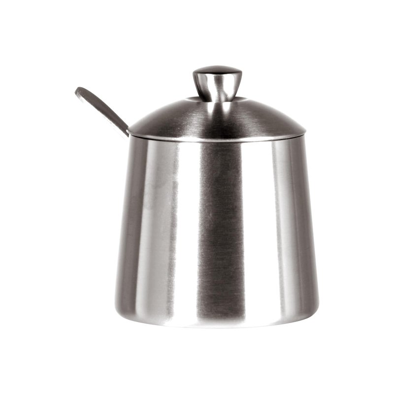 Frieling USA 18/10 Brushed Stainless Steel Sugar Bowl with Lid & Spoon - 10 oz Sugar Container & Dispenser with Pour Spout - Countertop Jar with Spoon Holder for Cubes, Packets & Condiments