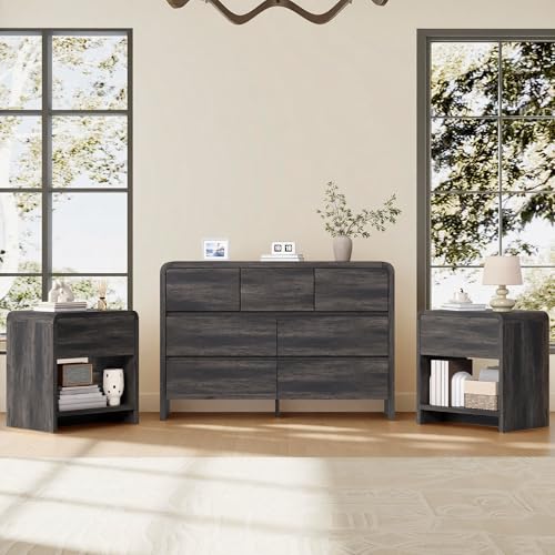 Modern 3-Piece Bedroom Furniture Set with Dresser and Nightstands, Large Storage, Black