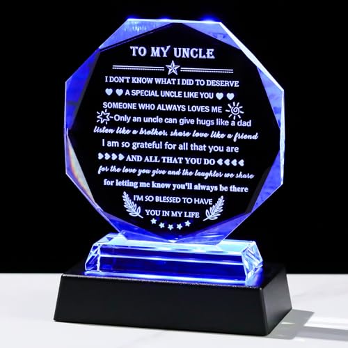 Uncle Gifts Crystal Keepsake with LED Base - Colorful Light, From Niece Nephew (Style 2) - Father’s Day Birthday