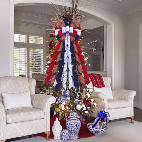45 Inch Chinoiserie Christmas Tree Topper Tartan Bow Decor