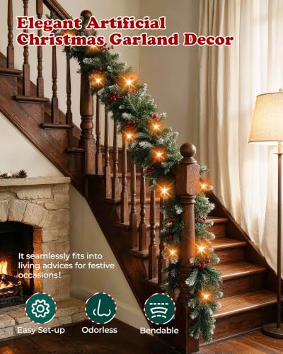 Luxvano 9ft Pre-Lit Flocked Christmas Garland with 30 LED Lights, Red Berries, Battery Operated