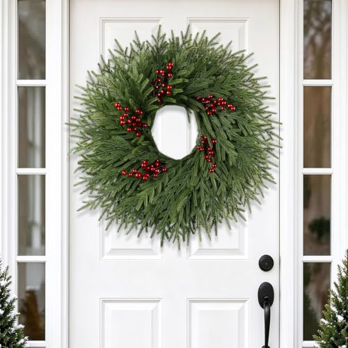 26IN Norfolk Pine Christmas Wreath with Red Berries for Front Door Decor