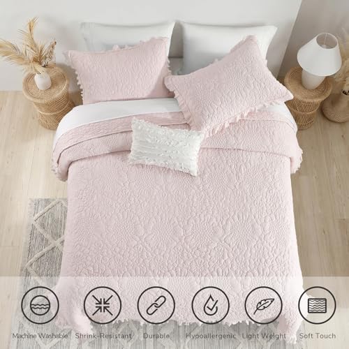 Pink Ruffled Quilt Set Queen - 3 Piece Stone-Washed Microfiber Bedding