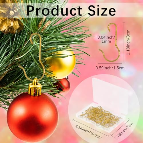 100 Pcs Gold Christmas Ornament Hooks with Storage Box, C-Shape Tree Hangers