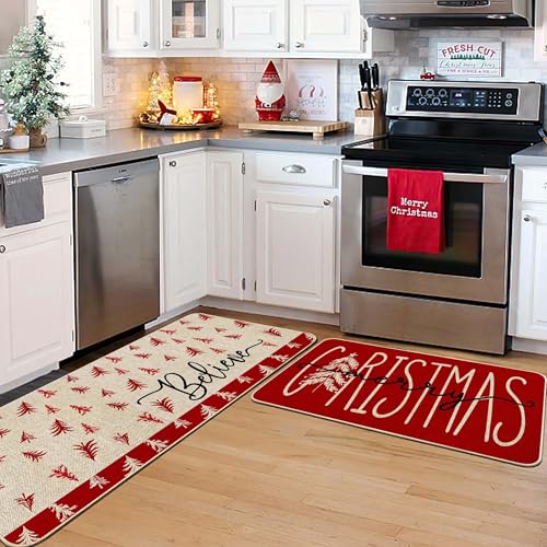 Baccessor Christmas Kitchen Rugs Set of 2, 17x29 & 17x47 Burlap Xmas Tree Mats