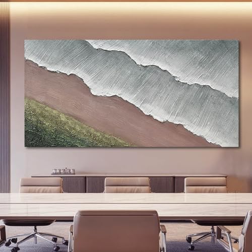 Large Abstract Green and White Canvas Wall Art, 29" x 58" Beach Decor