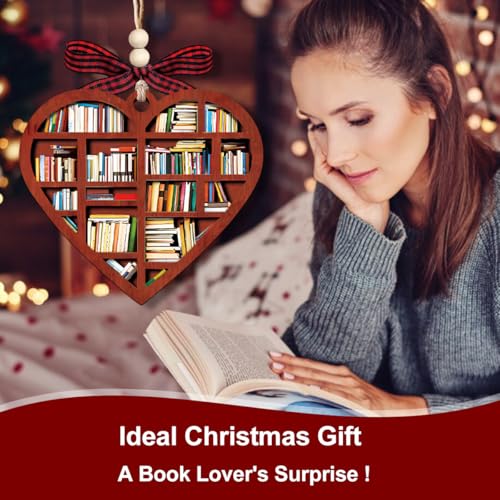 Heart Bookshelf Christmas Ornament, Wooden Book Lover Gift for Readers