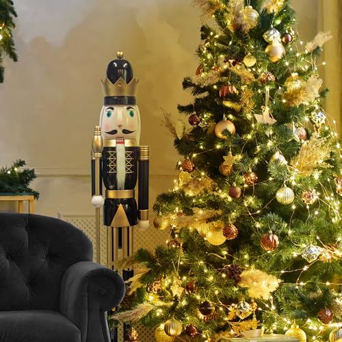 KI Store 4ft Christmas Nutcracker King Figurine – Black & Gold Wooden Soldier for Front Door, Tree & Mantel