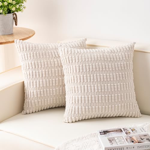 Corduroy Throw Pillow Covers 18x18 Inch (Set of 2) - Cream White Striped
