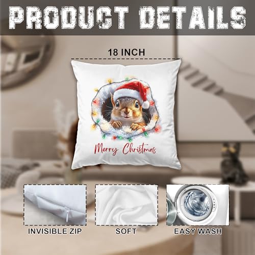 DEQSX Funny Christmas Squirrel Pillow Cover 18x18in, Santa Hat & Lights, 06color