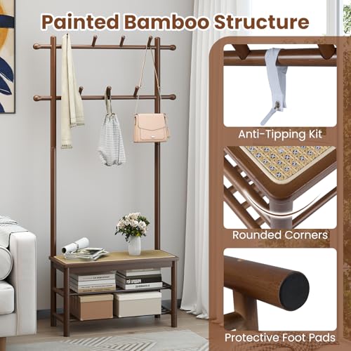 3-in-1 Bamboo Hall Tree with Shoe Storage Bench and Coat Rack