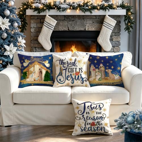 MODOVOS Nativity Scene 20x20 Inch Christmas Pillow Covers (Set of 4) – Front-Pattern Only