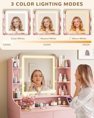 Vanity Desk with LED Lighted Mirror, Drawers, Stool, and Charging Station