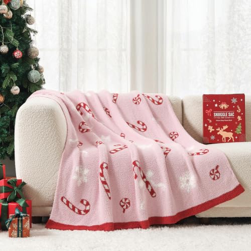 Snuggle Sac Pink Candy Cane Bow Christmas Throw Blanket 50x60 in - Ultra Soft Plaid Snowflake