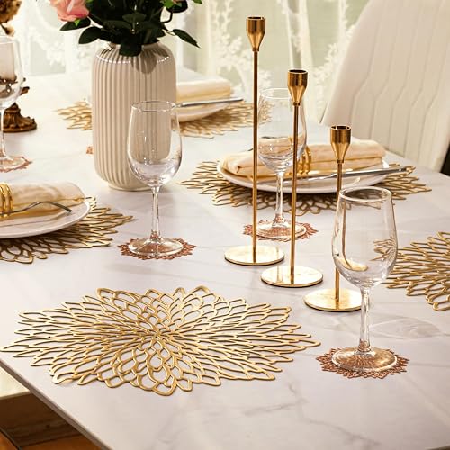 Snowkingdom Gold Placemats 6-Pack Leaf Design 15" Round Vinyl Table Mats