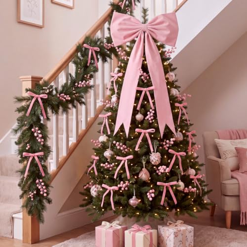 Pink Christmas Tree Decorations Set - Velvet Bows & Berry Picks for Holiday Decor