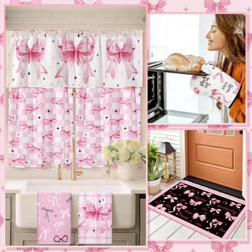 13-Piece Pink Bow Kitchen Decor Set: Towels, Rugs, Curtains & Oven Mitts