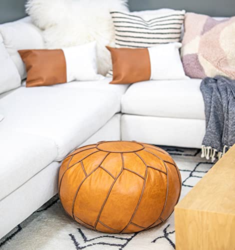Modern Pumpkin Color Round Ottoman Pouf - Moroccan Style Leather Footstool