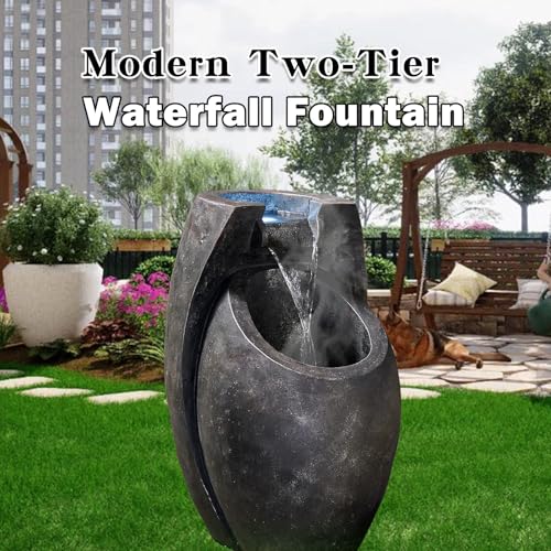 21.5-inch 2-Tier Cascading Water Fountain with LED Lights for Garden Patio