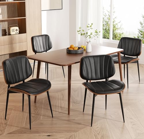 Black Set of 2 Mid Century Modern Dining Chairs - Upholstered Faux Leather & Walnut Bentwood Back, Metal Legs