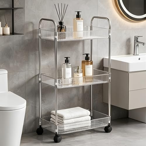 Clear 3-Tier Plastic Rolling Utility Cart with Wheels & Side Hooks
