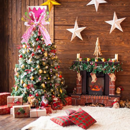 Pink Candy Cane Top Hat Christmas Tree Topper with Long Ribbon Bow