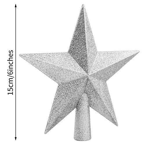 URATOT 6 Inch Silver Glittered Christmas Star Tree Topper Decorative Holiday Ornament