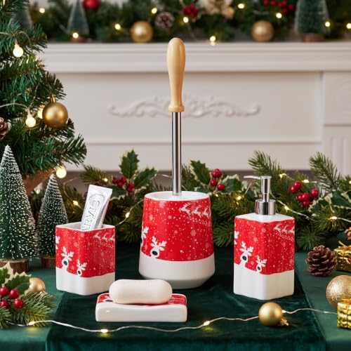 RXLVCKY Red Christmas Reindeer Pattern Soap Dispenser, 12oz Ceramic Bath Accessory