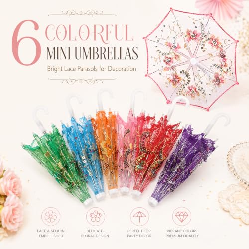 6-Pack Mini Lace Parasols, Decorative Handmade Sequin Umbrellas for Parties