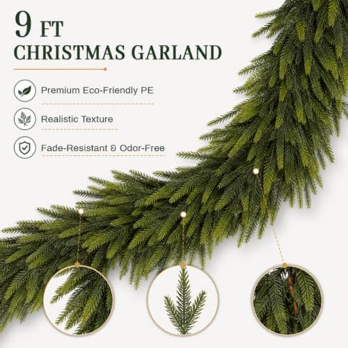 ICX 9Ft Norfolk Pine Garland - Winter Holiday Decor for Mantle & Outdoors (1pcs)