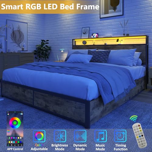 Queen Platform Bed Frame with 4 Storage Drawers, LED & Charging Station