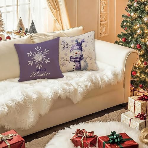 FITIE Purple Christmas Snowflake Snowman Pillow Covers 18x18 Set of 2 - Winter Holiday Home Decor, Variation: Winter Christmas Decor 08