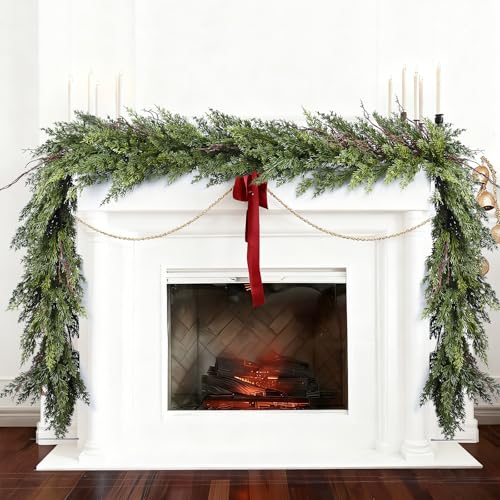 Artificial Christmas Garland 6ft Pine Cedar & Cypress Leaves for Mantel Fireplace Decor