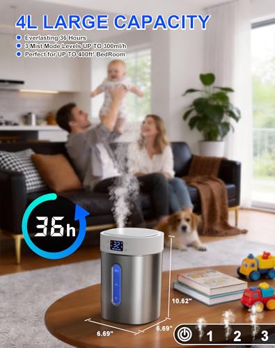 Stainless Steel 4L Ultrasonic Cool Mist Humidifier for Large Room