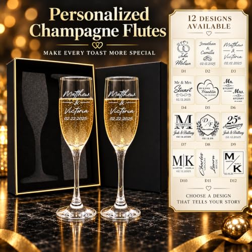 Personalized Champagne Flutes Set for Weddings & Anniversaries - Custom Gift for Couples