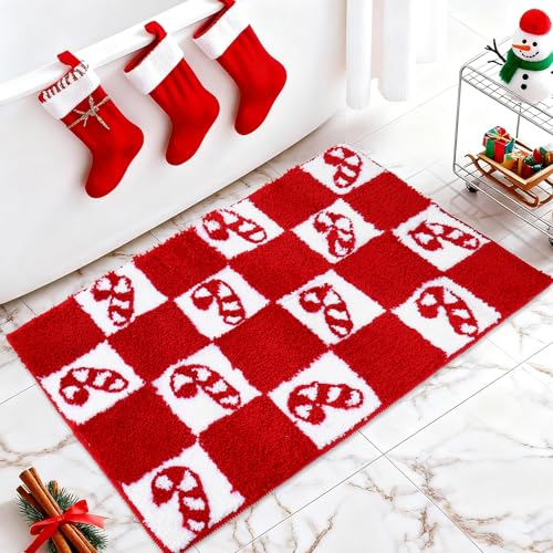 Christmas Rug Bath Mat with Candy Cane Checkered Design, Non-Slip 19.7 x 31.5 Inches