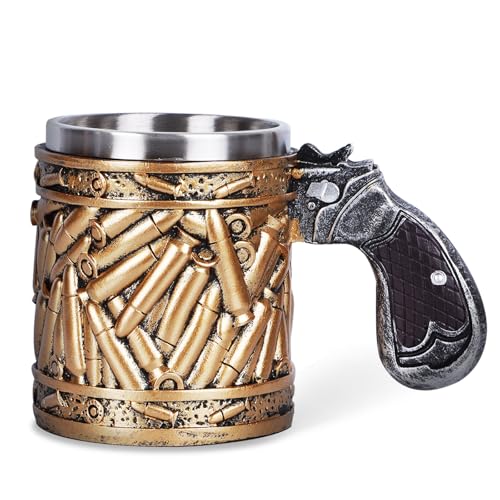 15oz Stainless Steel Gun Mug with Pistol Grip Handle and Bullet Design