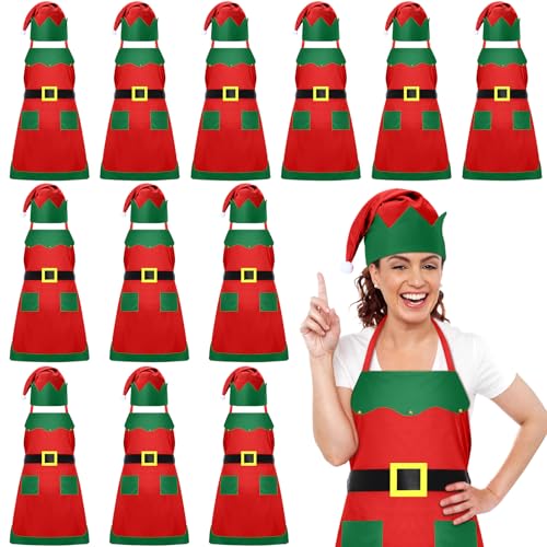 Handepo 12 Sets Christmas Apron and Hat Elf Costume Kit for Adults Women Red Classic