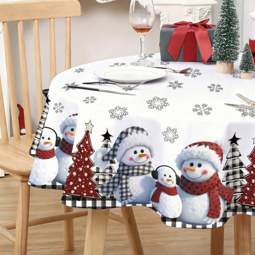 QIALETS 60-Inch Round Snowman Christmas Tablecloth Water-Resistant Holiday Decor