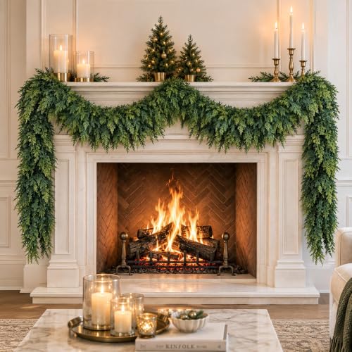 POOWUUDT 12FT Artificial Cedar Garland Christmas Holiday Decor Indoor Outdoor